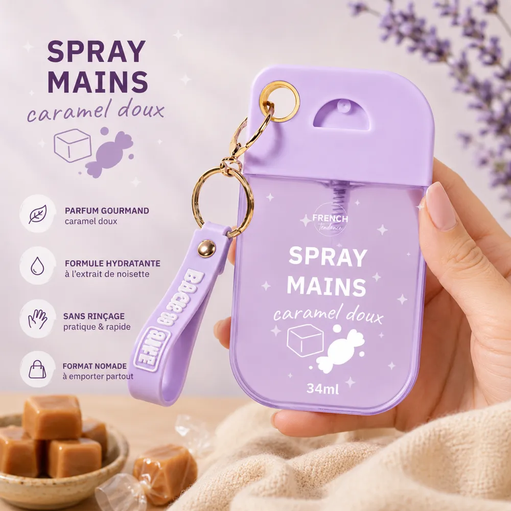 Spray mains désinfectant caramel porte clés