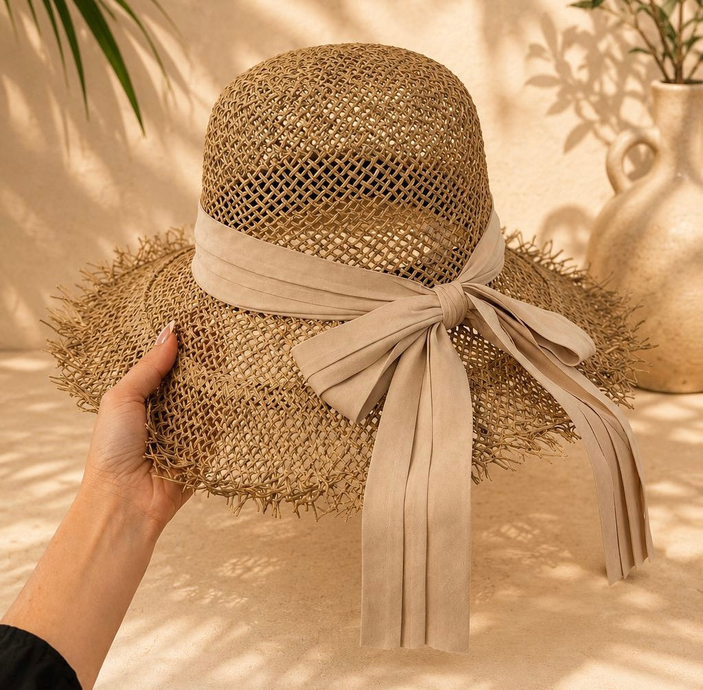 Chapeau paille ruban beige
