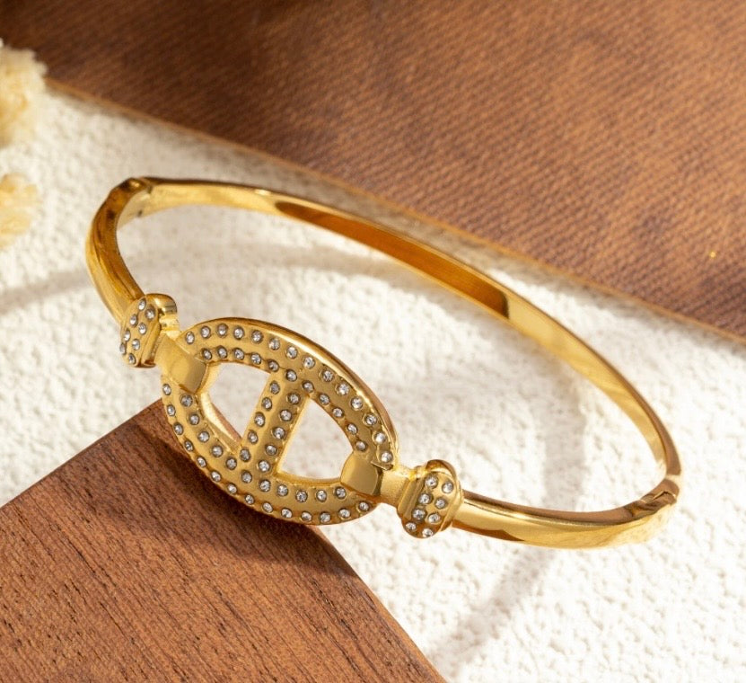 Jonc doré maille marine strass