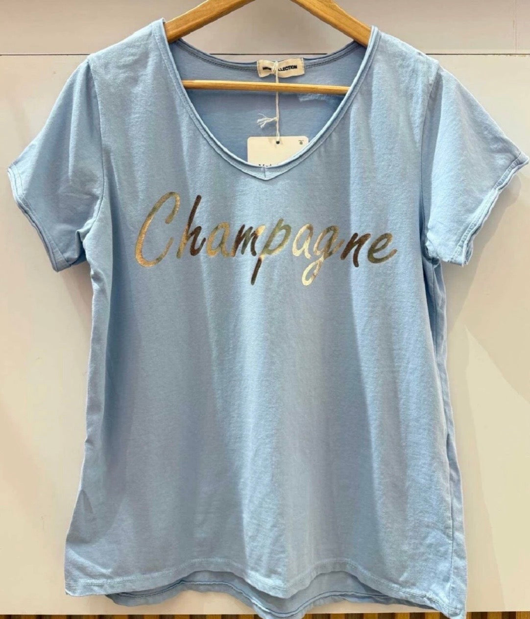 Tee shirt bleu ciel Champagne doré