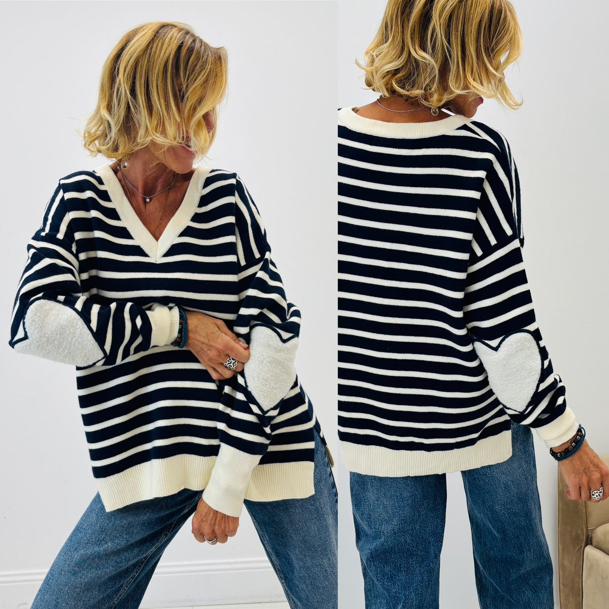 Pull V noir rayé coeurs coudes
